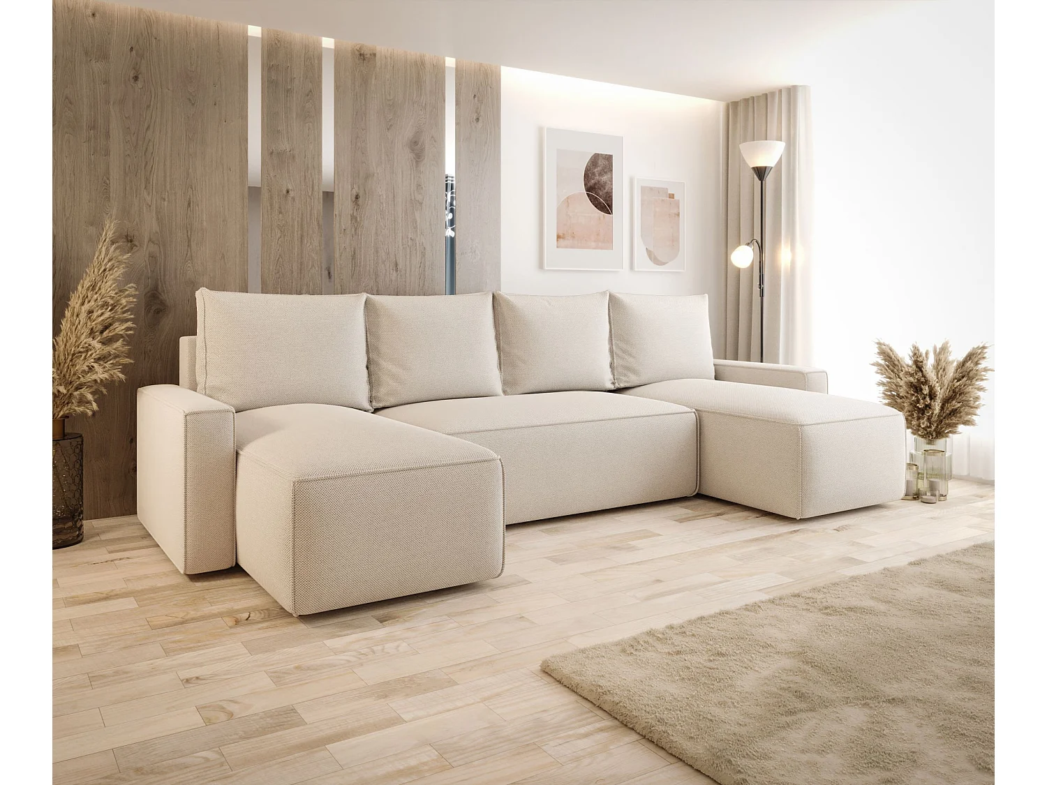 Canapé d'angle HAVANA en U beige tricot Curio 9 - fonction couchage, coffre à literie