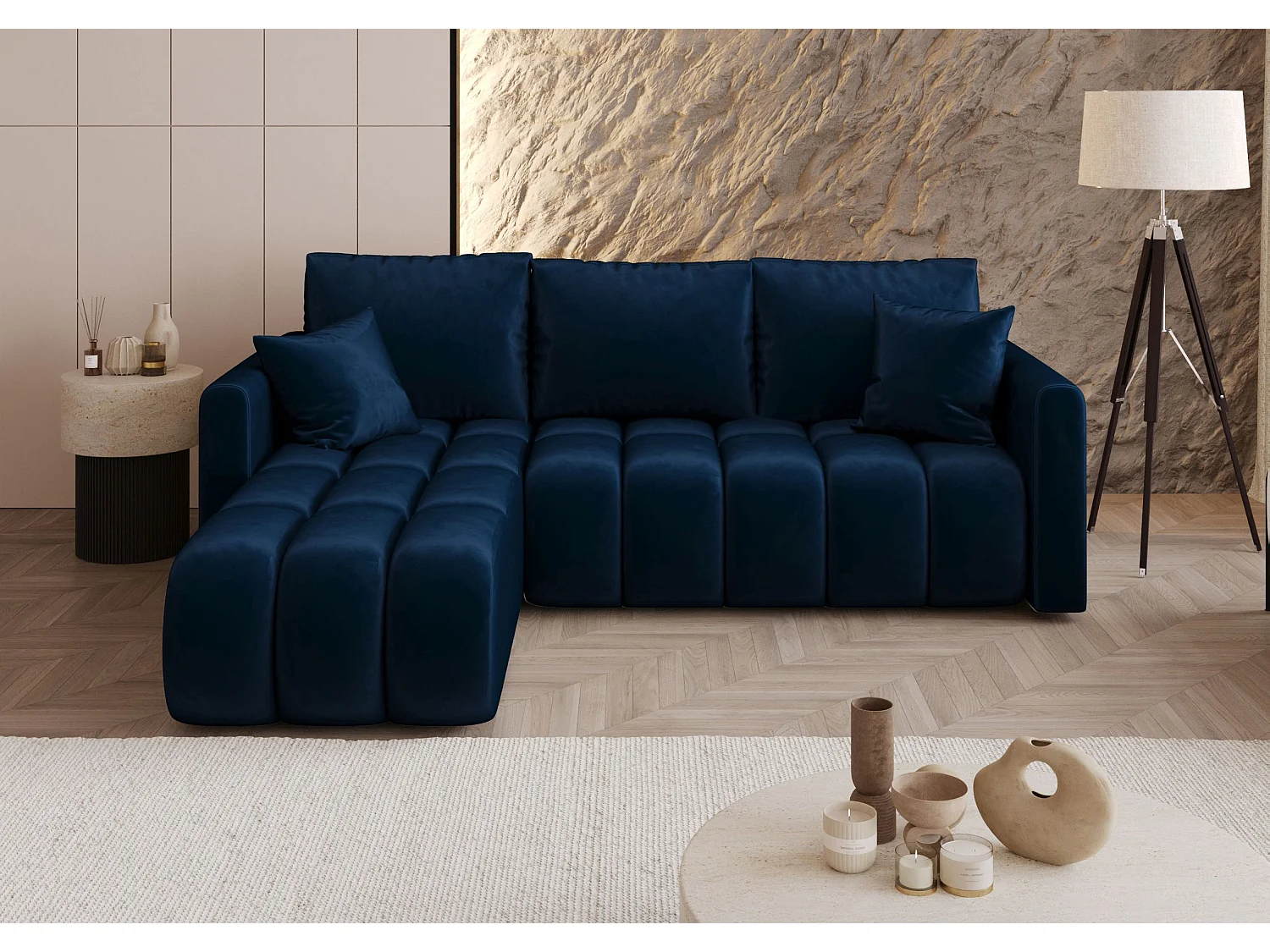 Canapé d'angle GARDA gauche bleu foncé velours Monolith 77 - fonction couchage, coffre à literie