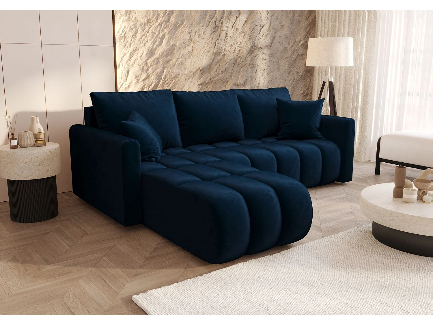 Canapé d'angle GARDA gauche bleu foncé velours Monolith 77 - fonction couchage, coffre à literie