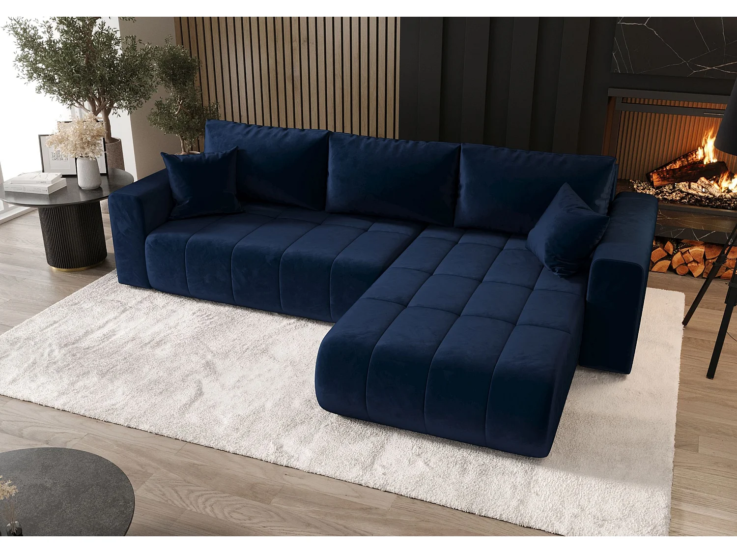Canapé d'angle LARA droit bleu foncé velours Monolith 77 - fonction couchage, coffre à literie