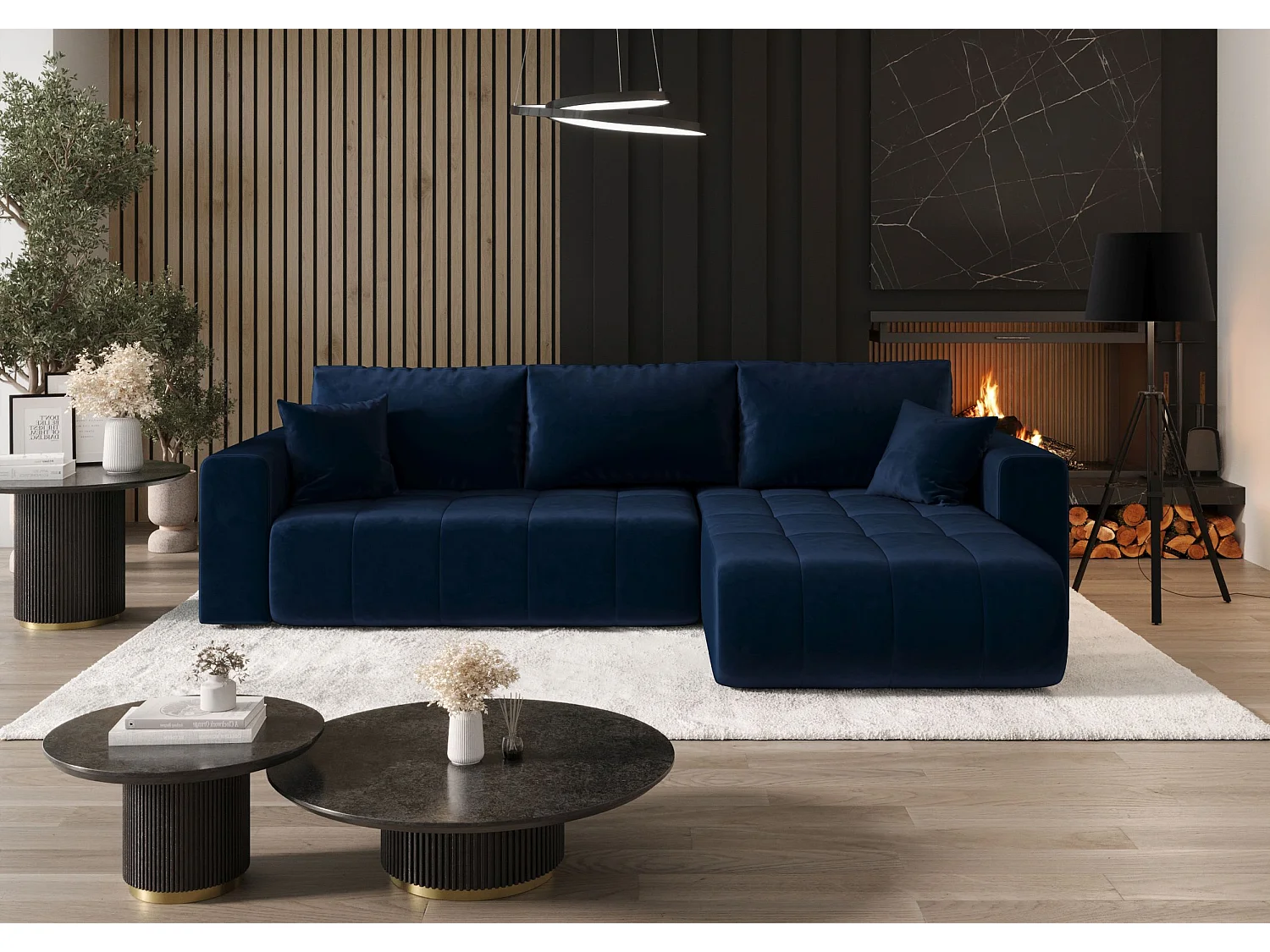 Canapé d'angle LARA droit bleu foncé velours Monolith 77 - fonction couchage, coffre à literie