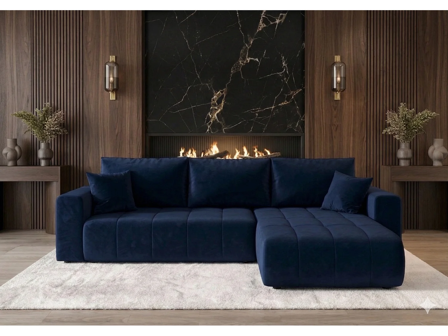 Canapé d'angle convertible en velours MILO-Bleu foncé-angle droit