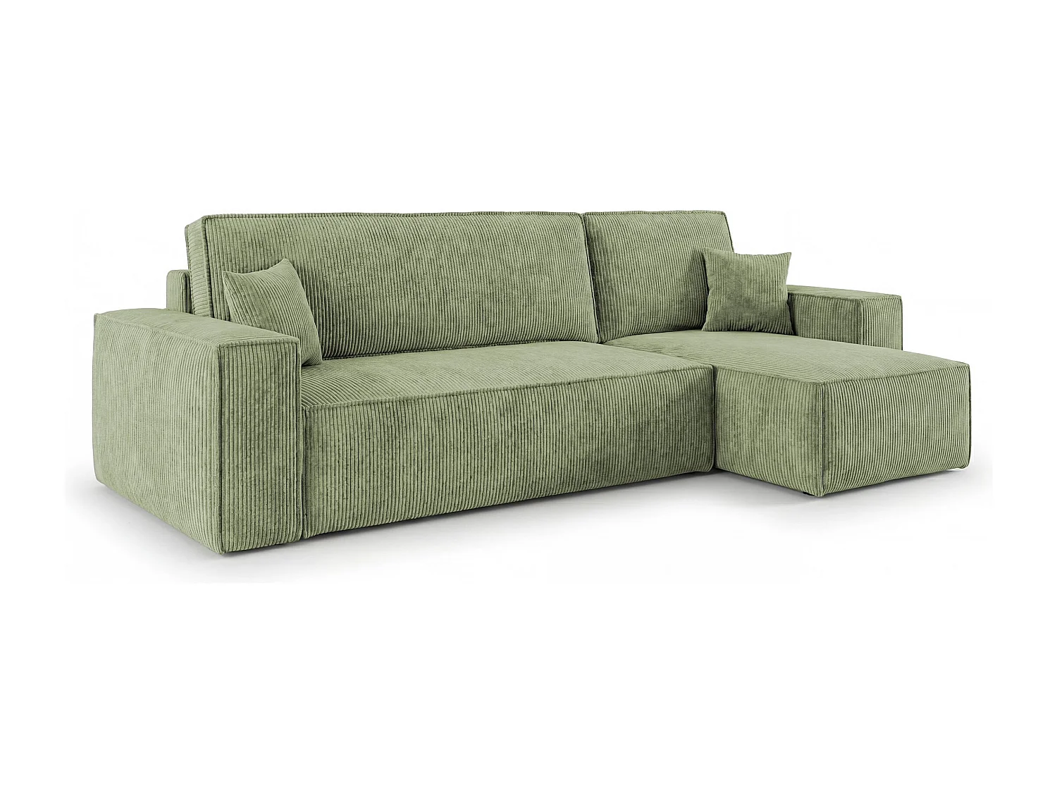 Canapé d'angle CALIFORNIA MINI droit vert clair velours côtelé Poso 47 - fonction couchage, coffre à literie
