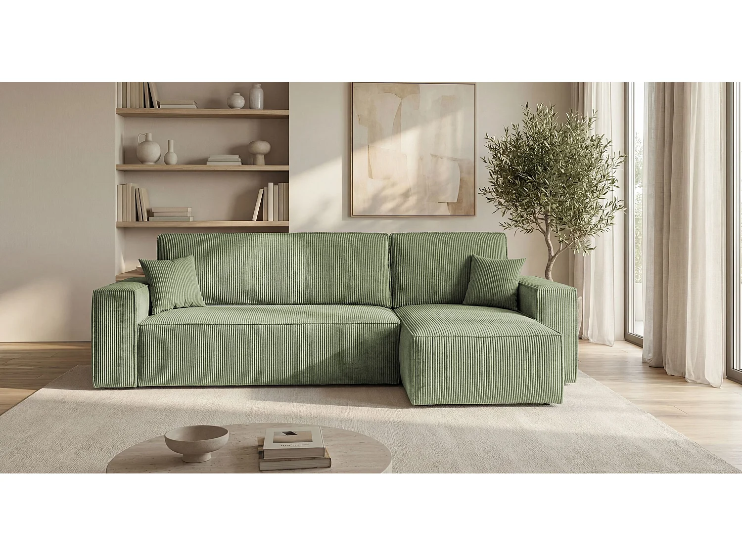 Canapé d'angle CALIFORNIA MINI droit vert clair velours côtelé Poso 47 - fonction couchage, coffre à literie
