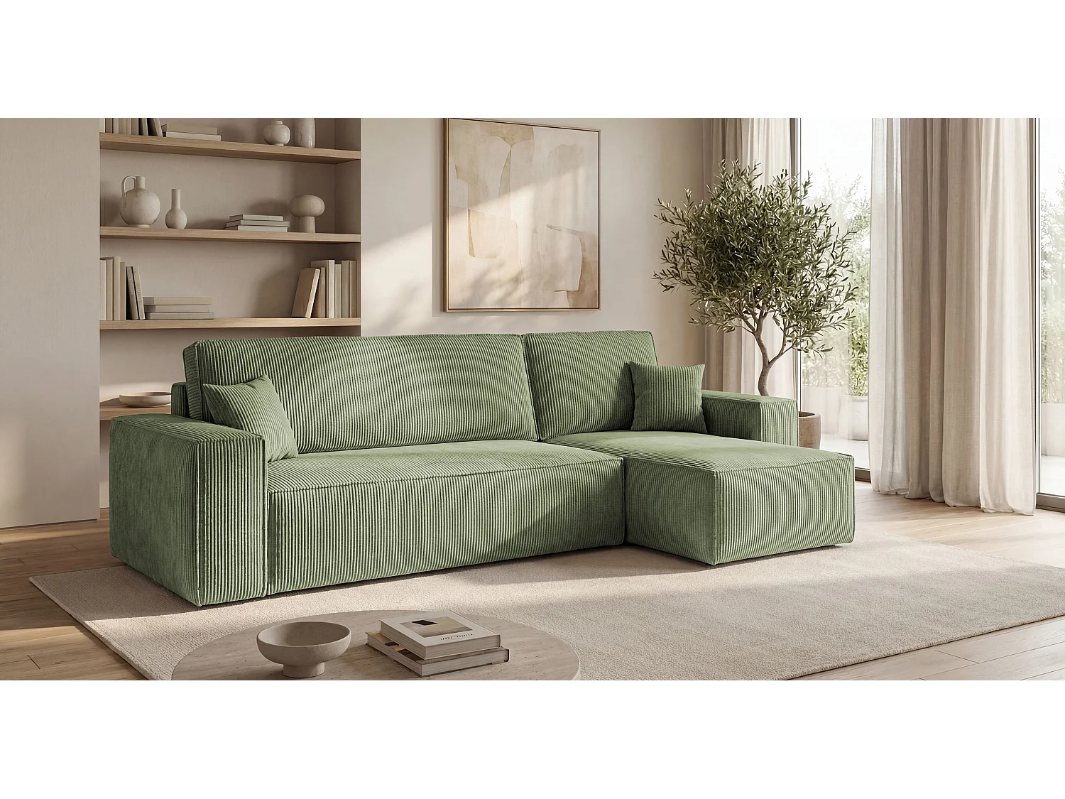 Canapé d'angle CALIFORNIA MINI droit vert clair velours côtelé Poso 47 - fonction couchage, coffre à literie