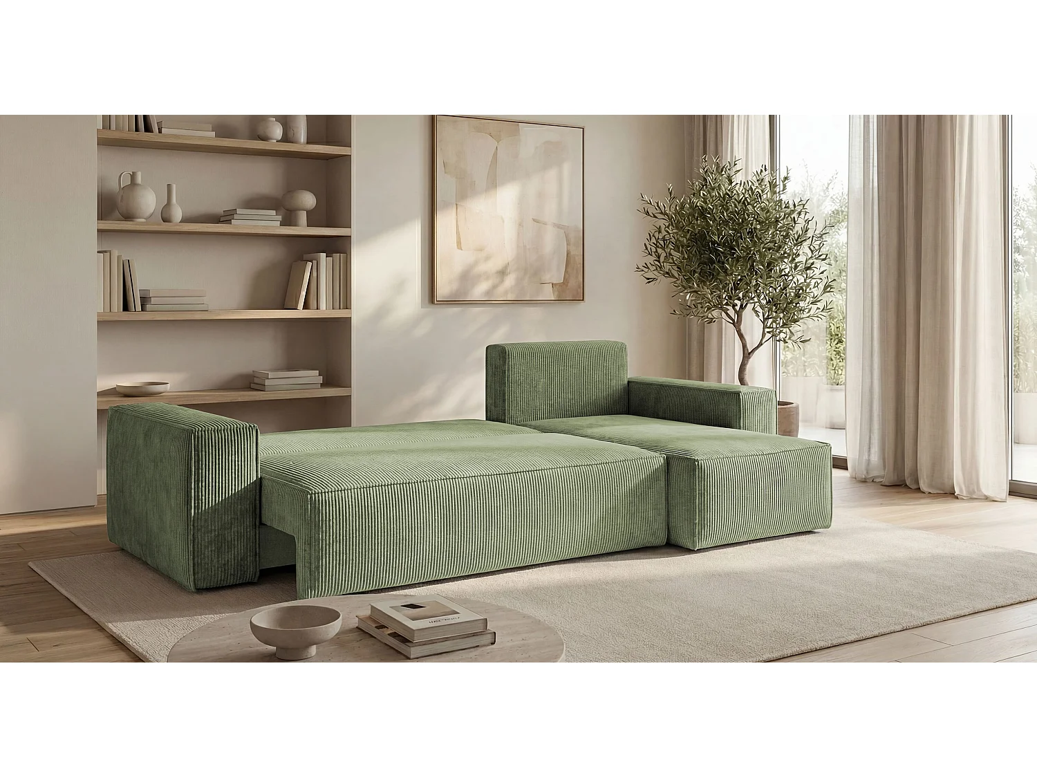 Canapé d'angle CALIFORNIA MINI droit vert clair velours côtelé Poso 47 - fonction couchage, coffre à literie