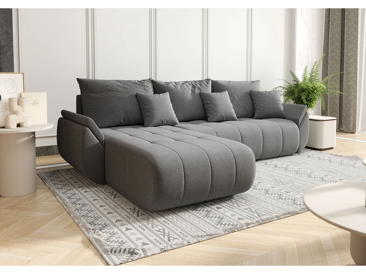 Canapé d'angle SYDNEY gauche beige foncé tricot Wind 21 - fonction couchage, coffre à literie