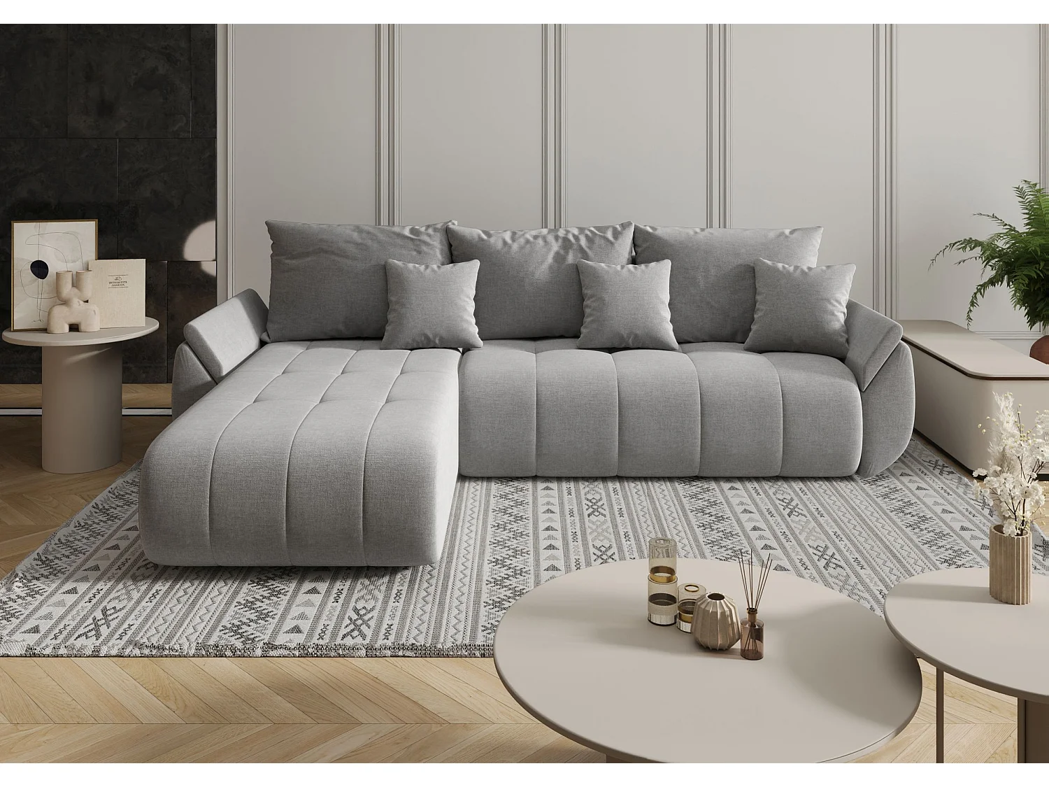 Canapé d'angle SYDNEY gauche beige foncé tricot Wind 21 - fonction couchage, coffre à literie