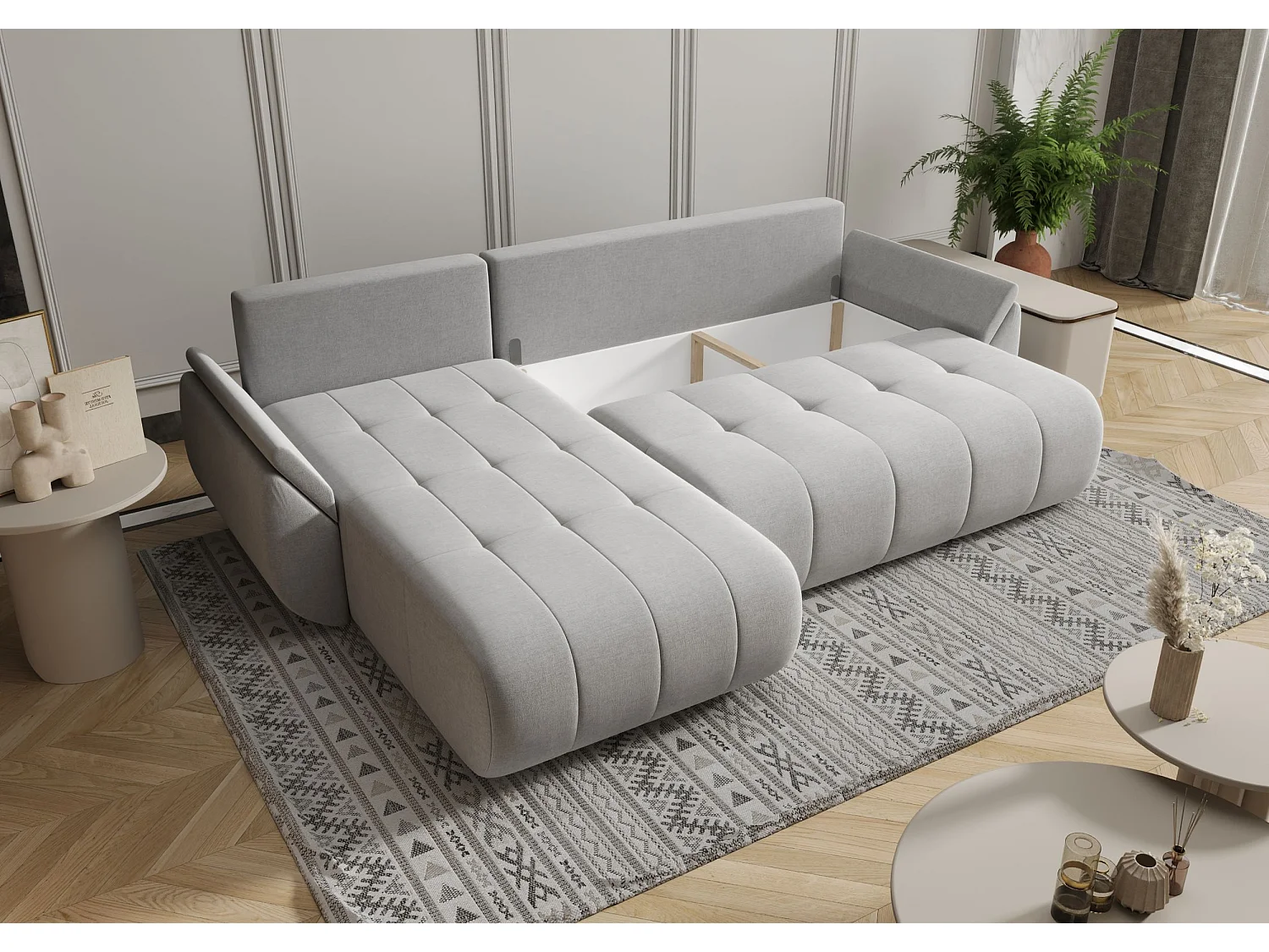 Canapé d'angle SYDNEY gauche beige foncé tricot Wind 21 - fonction couchage, coffre à literie