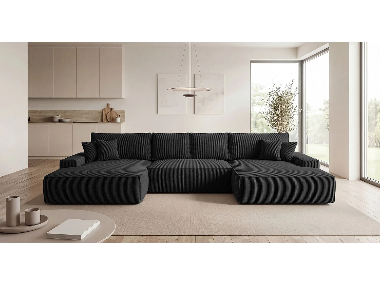Canapé d'angle VERONA en U noir velours côtelé Poso 135 - fonction couchage, coffre à literie