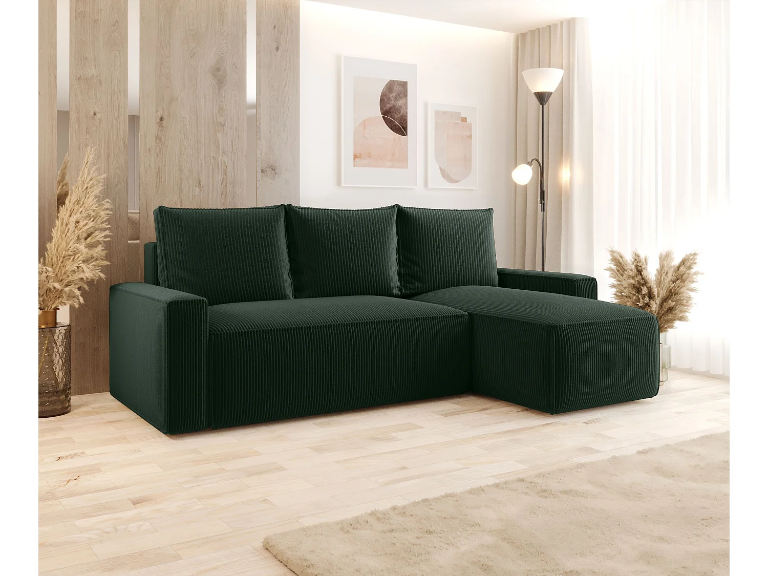 Canapé d'angle HAVANA droit vert velours côtelé Poso 14 - fonction couchage, coffre à literie