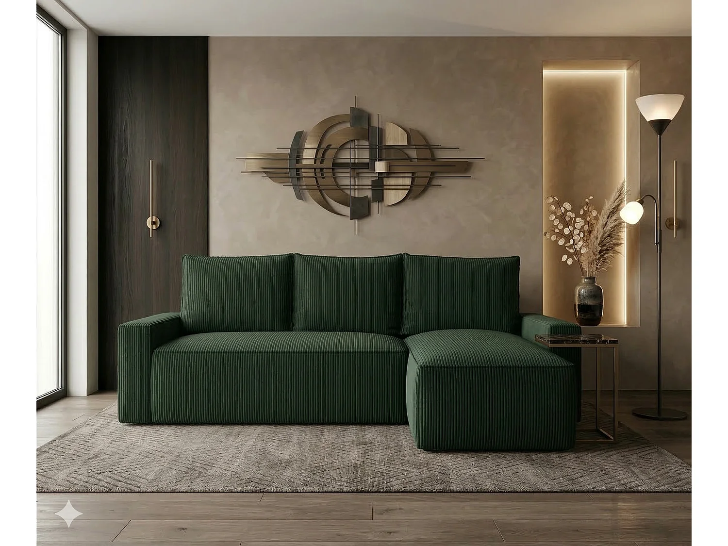 Canapé d’angle velours chenille convertible avec coffre NORE-Vert-angle droit