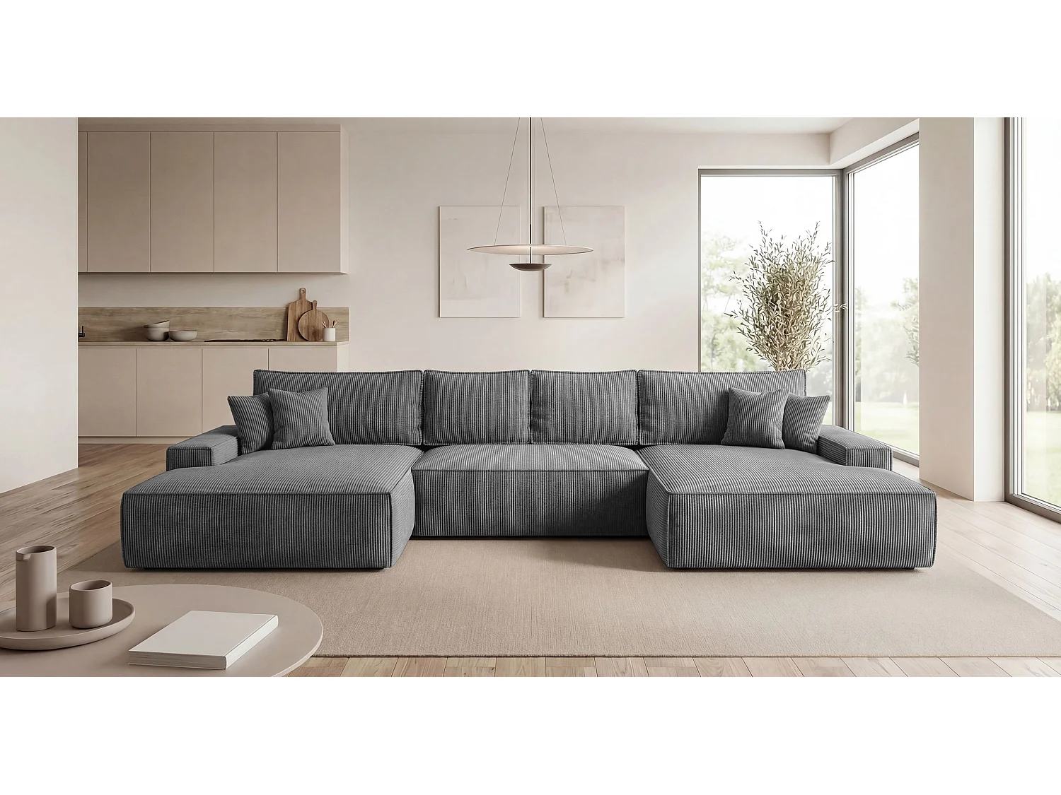Canapé d'angle VERONA en U gris foncé velours côtelé Poso 60 - fonction couchage, coffre à literie