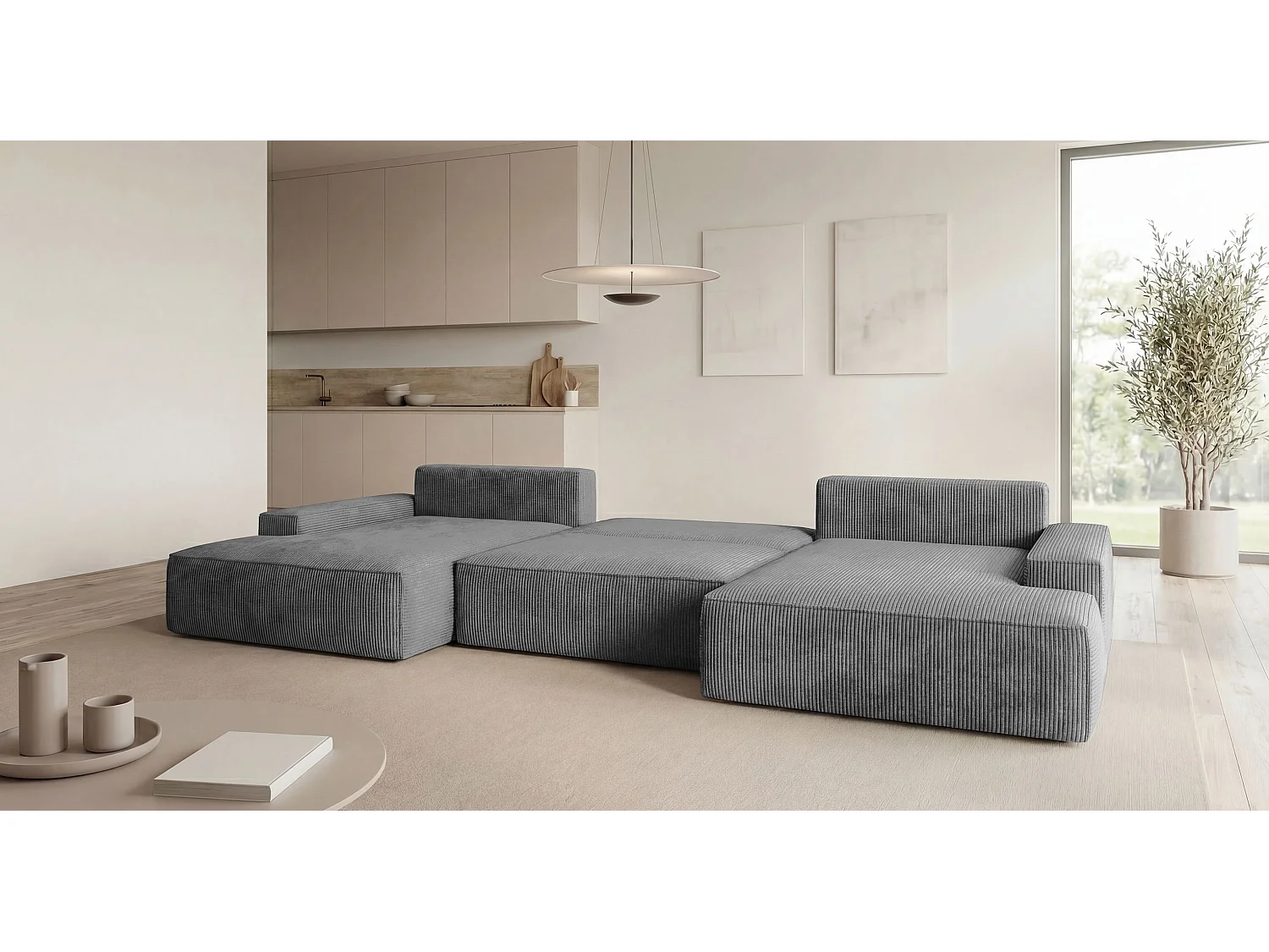 Canapé d'angle VERONA en U gris foncé velours côtelé Poso 60 - fonction couchage, coffre à literie