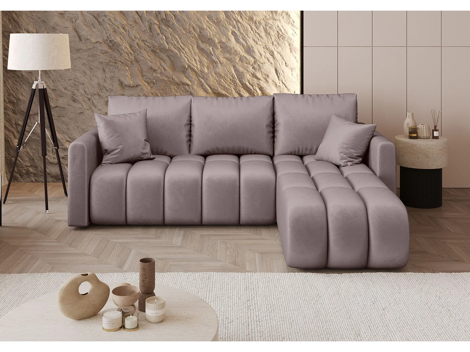 Canapé d'angle GARDA droit rose foncé velours Monolith 62 - fonction couchage, coffre à literie