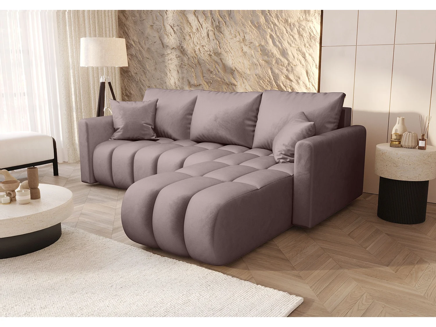 Canapé d'angle GARDA droit rose foncé velours Monolith 62 - fonction couchage, coffre à literie