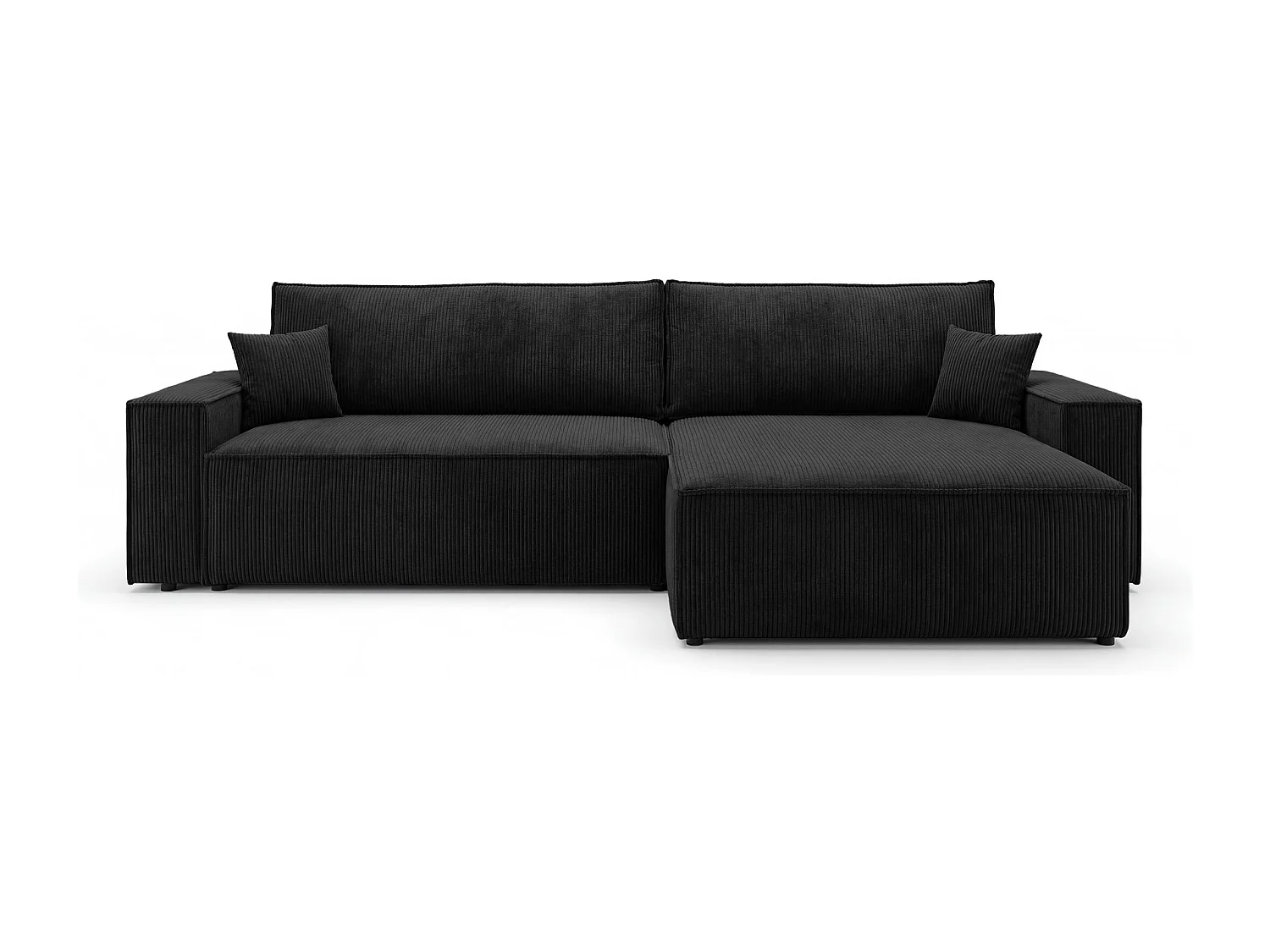 Canapé d'angle VIENNA droit noir velours côtelé Poso 135 - fonction couchage, coffre à literie