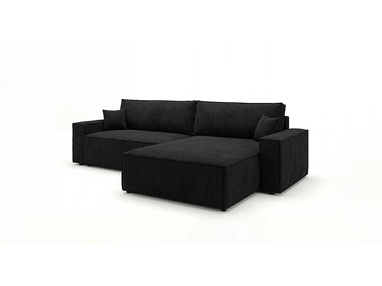 Canapé d'angle VIENNA droit noir velours côtelé Poso 135 - fonction couchage, coffre à literie