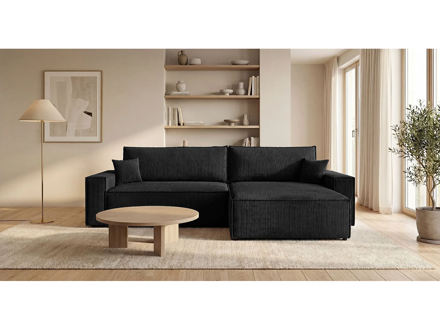 Canapé d'angle VIENNA droit noir velours côtelé Poso 135 - fonction couchage, coffre à literie
