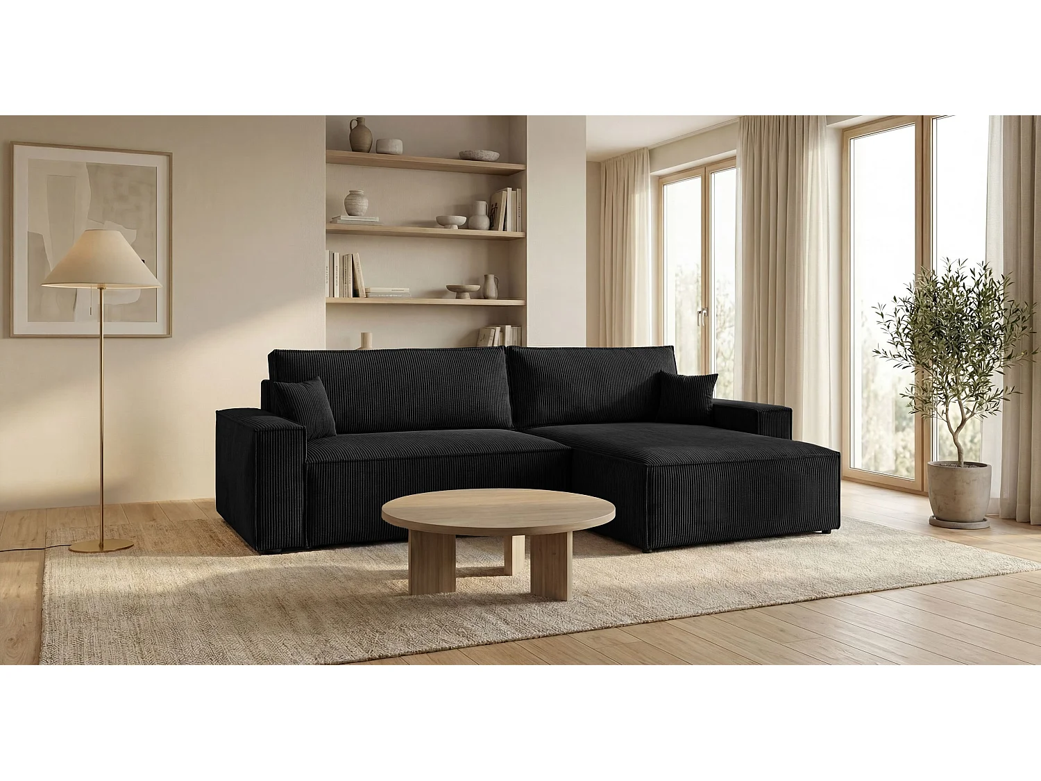 Canapé d'angle VIENNA droit noir velours côtelé Poso 135 - fonction couchage, coffre à literie