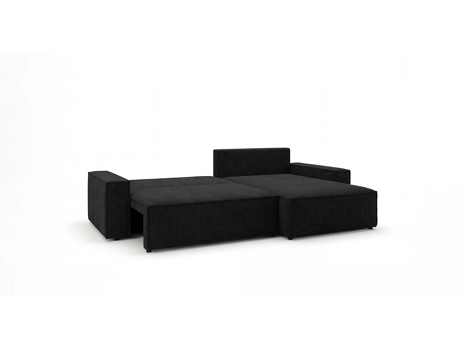 Canapé d'angle VIENNA droit noir velours côtelé Poso 135 - fonction couchage, coffre à literie