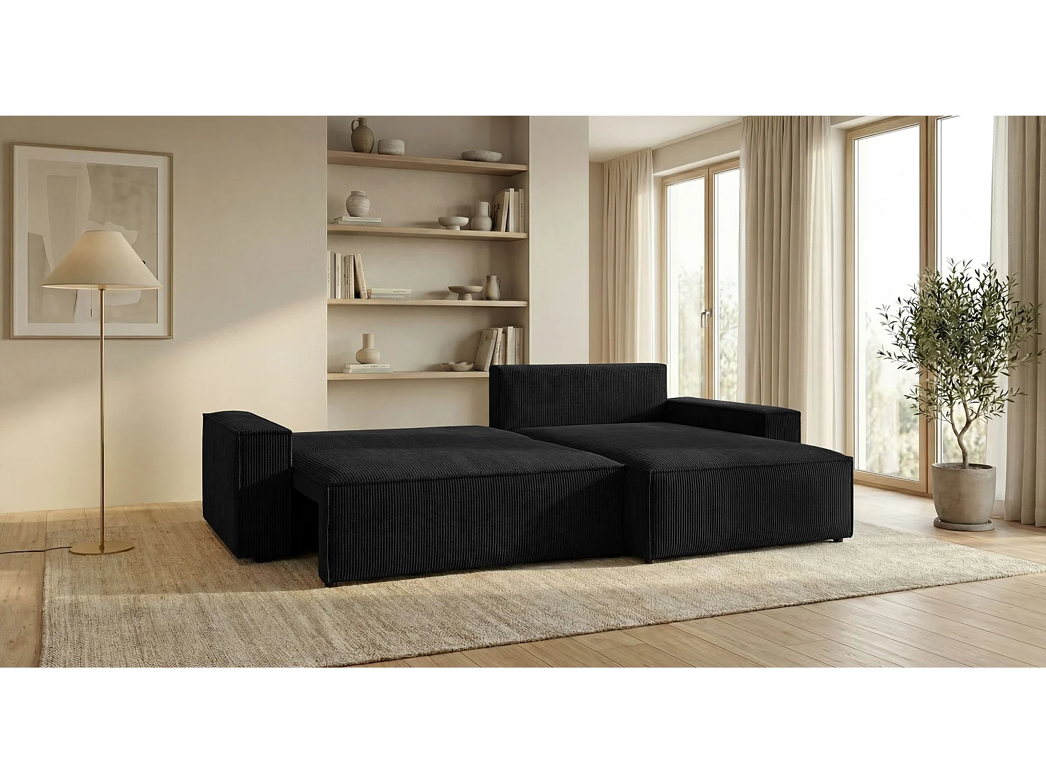 Canapé d'angle VIENNA droit noir velours côtelé Poso 135 - fonction couchage, coffre à literie
