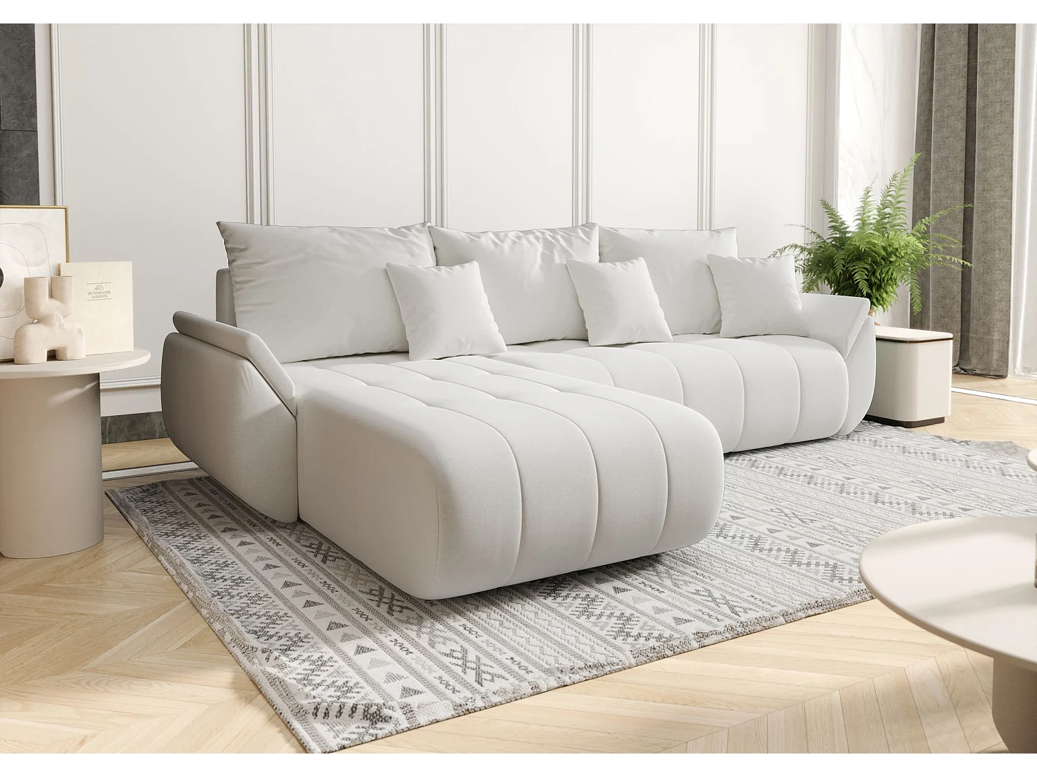 Canapé d'angle SYDNEY gauche blanc tricot Wind 2 - fonction couchage, coffre à literie