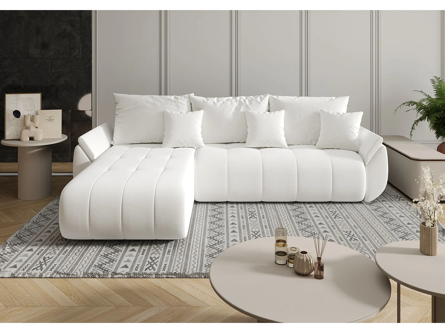 Canapé d'angle SYDNEY gauche blanc tricot Wind 2 - fonction couchage, coffre à literie