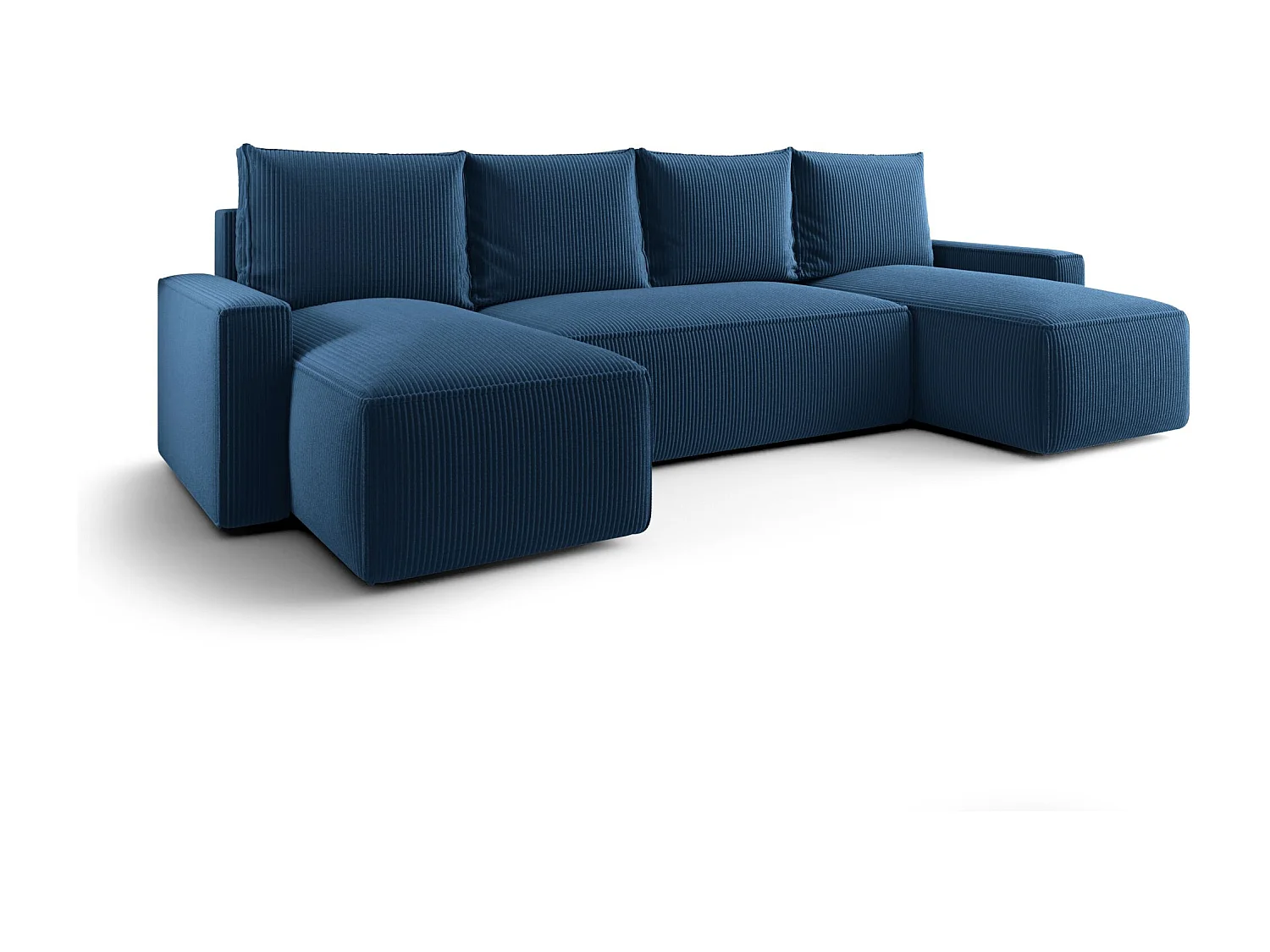 Canapé d'angle HAVANA en U bleu foncé velours côtelé Poso 5 - fonction couchage, coffre à literie