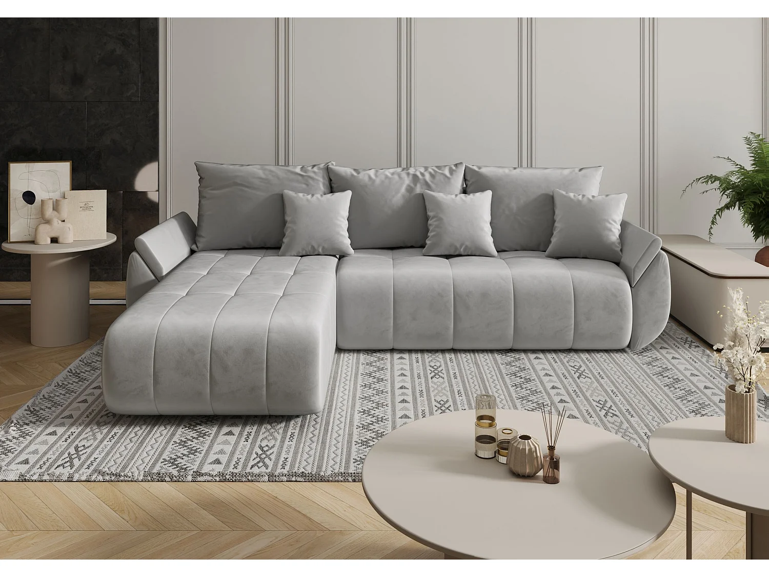 Canapé d'angle SYDNEY gauche gris clair velours Monolith 84 - fonction couchage, coffre à literie