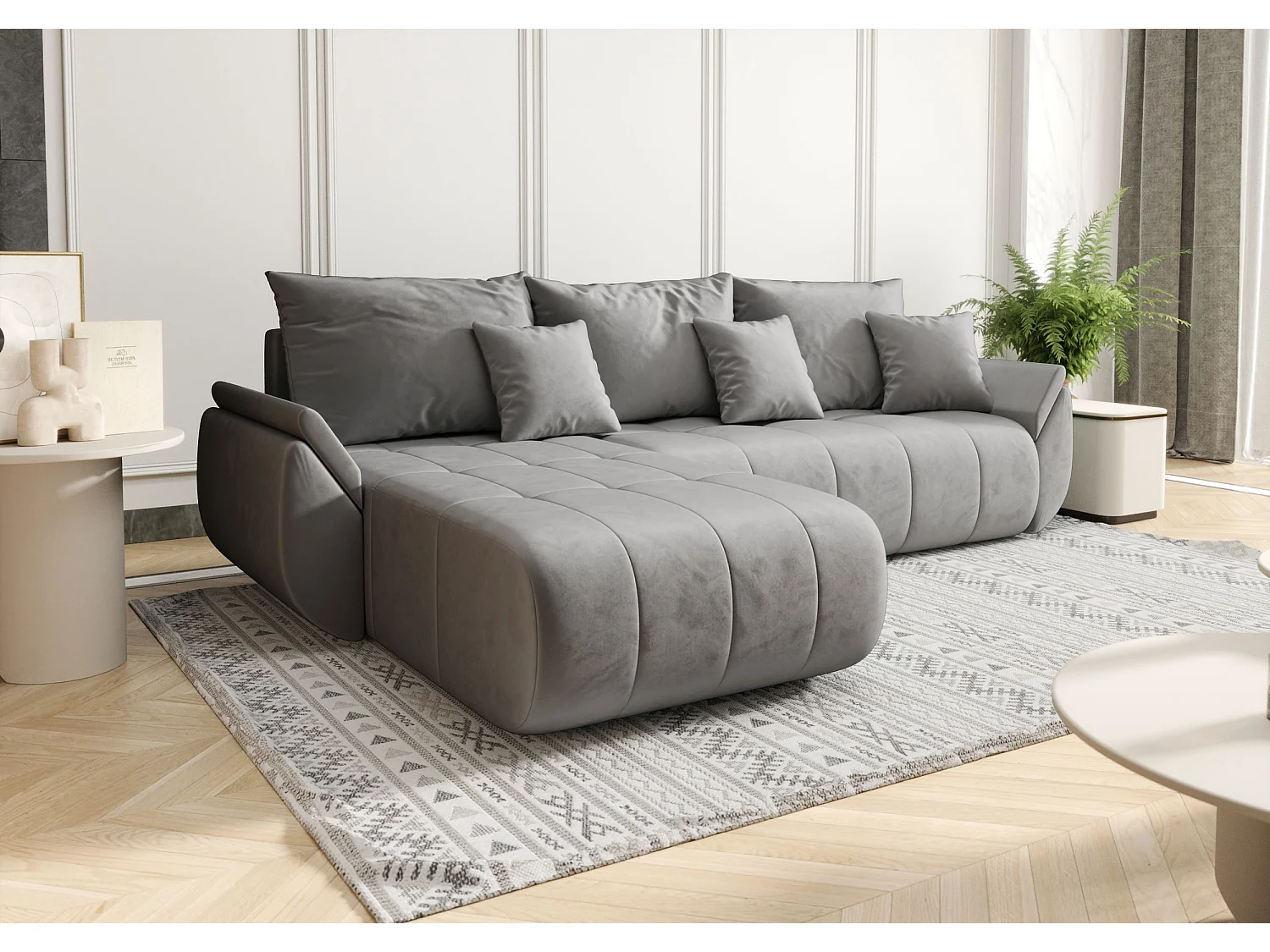 Canapé d'angle SYDNEY gauche gris clair velours Monolith 84 - fonction couchage, coffre à literie