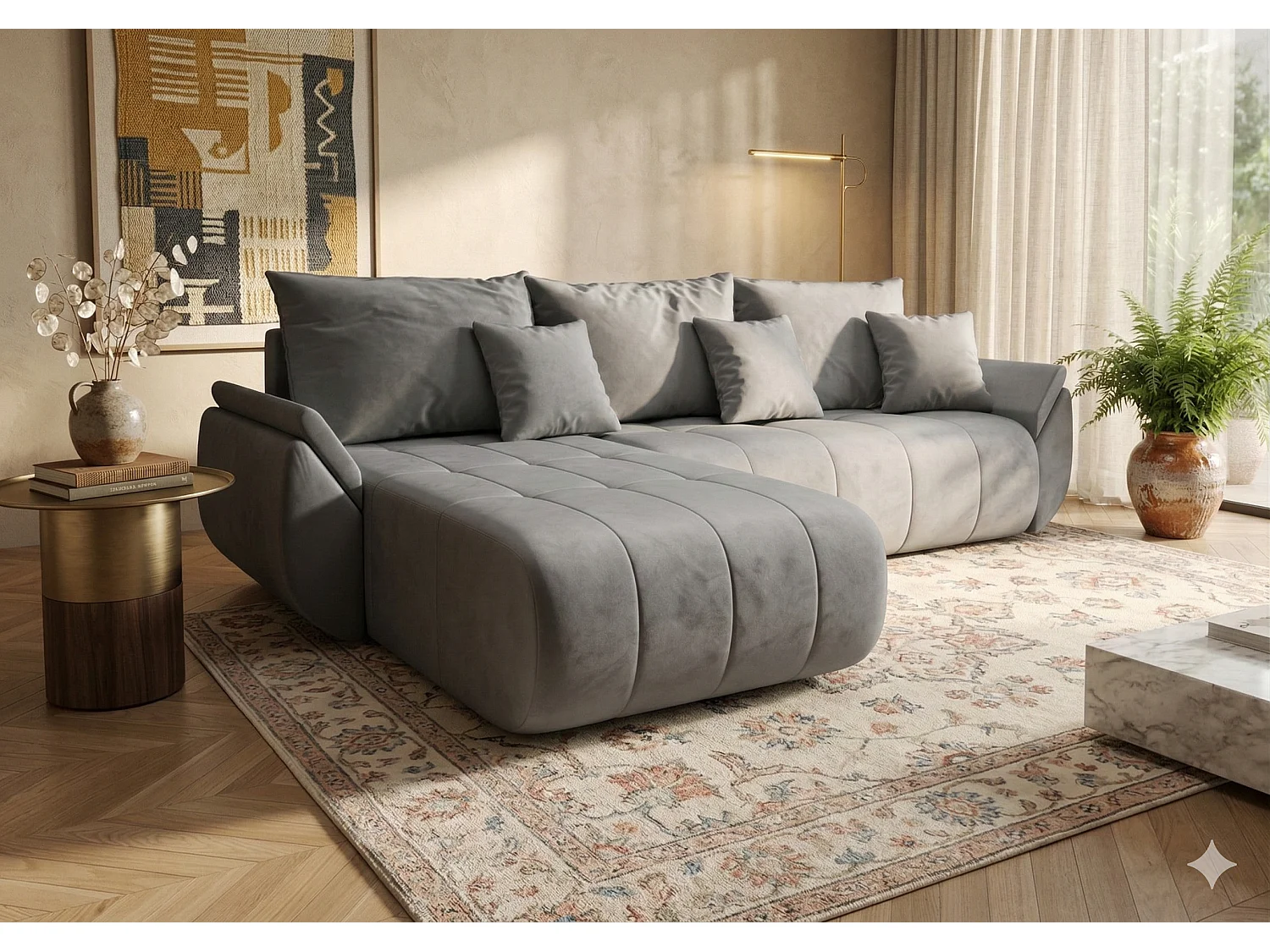 Canapé d’angle velours beige convertible avec coffre NOVA-Gris clair-angle gauche