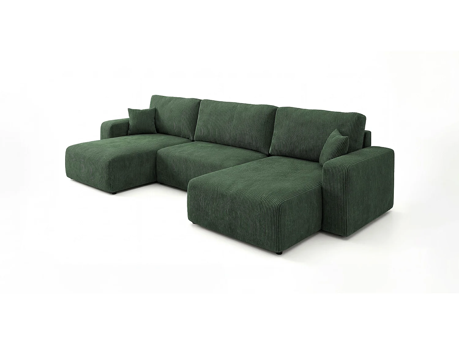 Canapé d'angle BERLIN en U vert velours côtelé Poso 14 - fonction couchage, coffre à literie