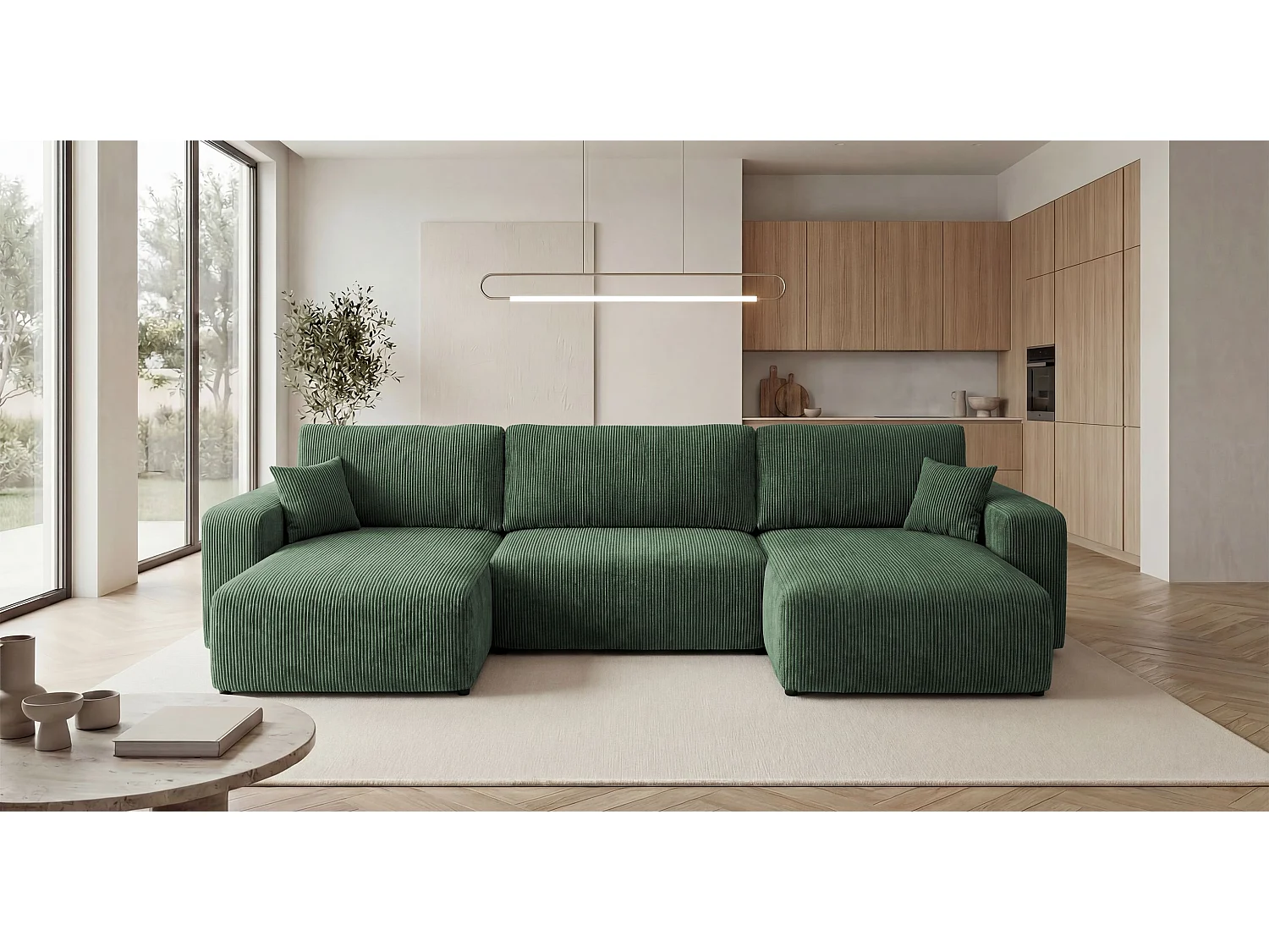 Canapé d'angle BERLIN en U vert velours côtelé Poso 14 - fonction couchage, coffre à literie