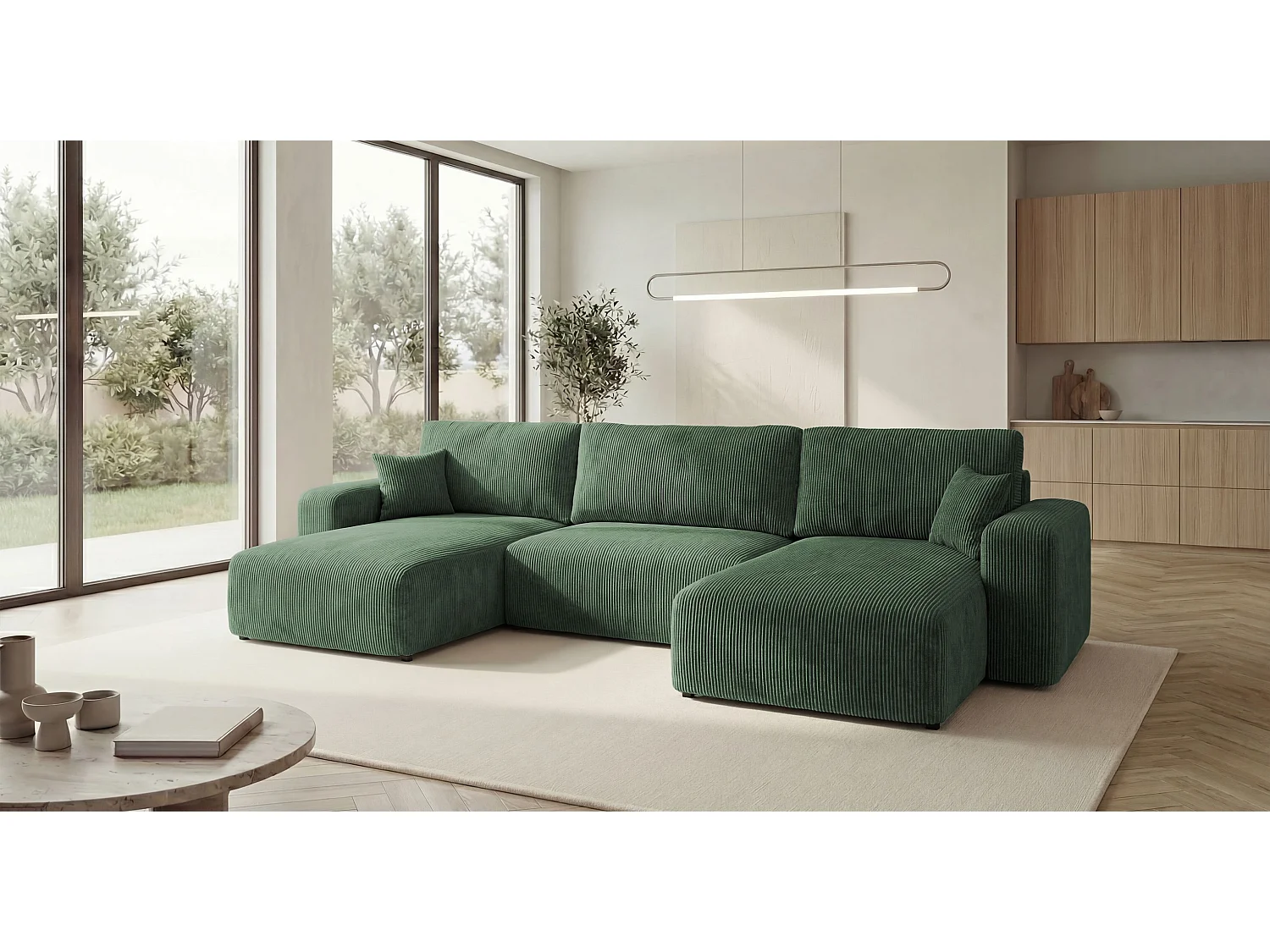 Canapé d'angle BERLIN en U vert velours côtelé Poso 14 - fonction couchage, coffre à literie