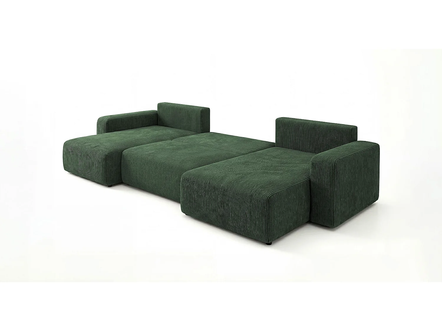 Canapé d'angle BERLIN en U vert velours côtelé Poso 14 - fonction couchage, coffre à literie
