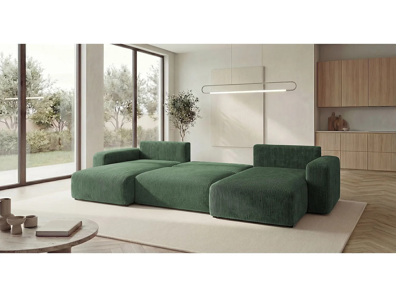 Canapé d'angle BERLIN en U vert velours côtelé Poso 14 - fonction couchage, coffre à literie