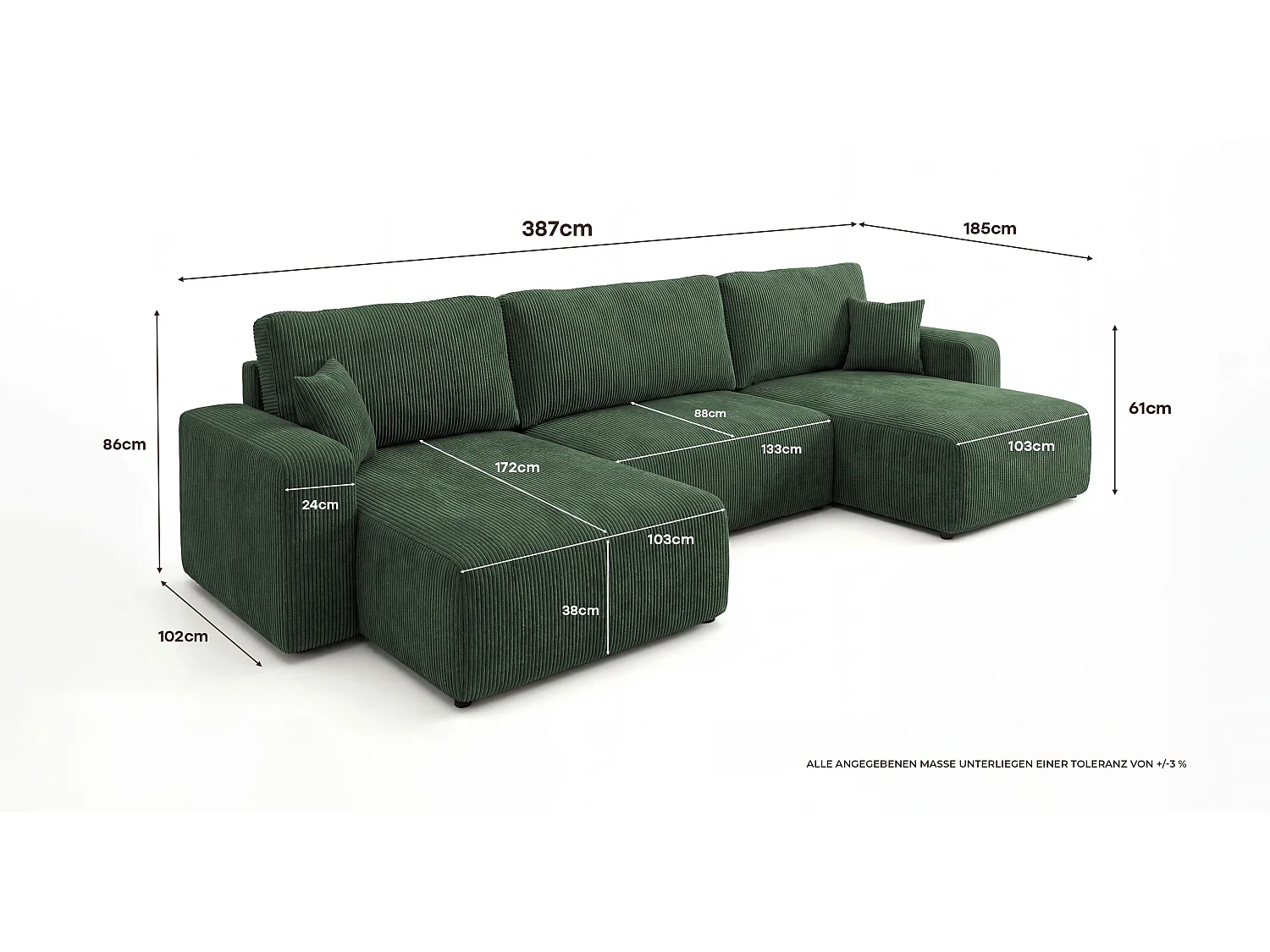 Canapé d'angle BERLIN en U vert velours côtelé Poso 14 - fonction couchage, coffre à literie