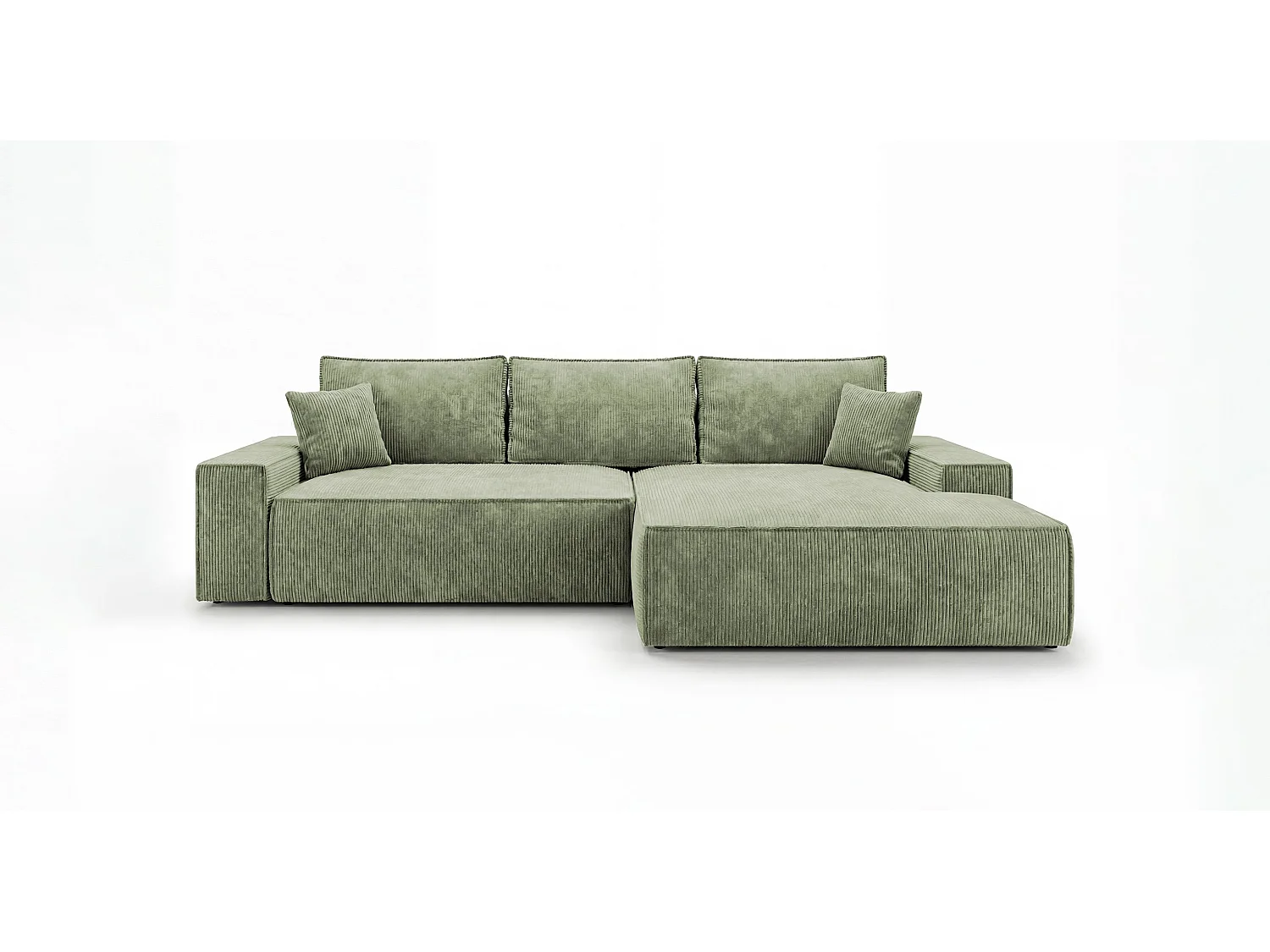 Canapé d'angle VERONA droit vert clair velours côtelé Poso 47 - fonction couchage, coffre à literie