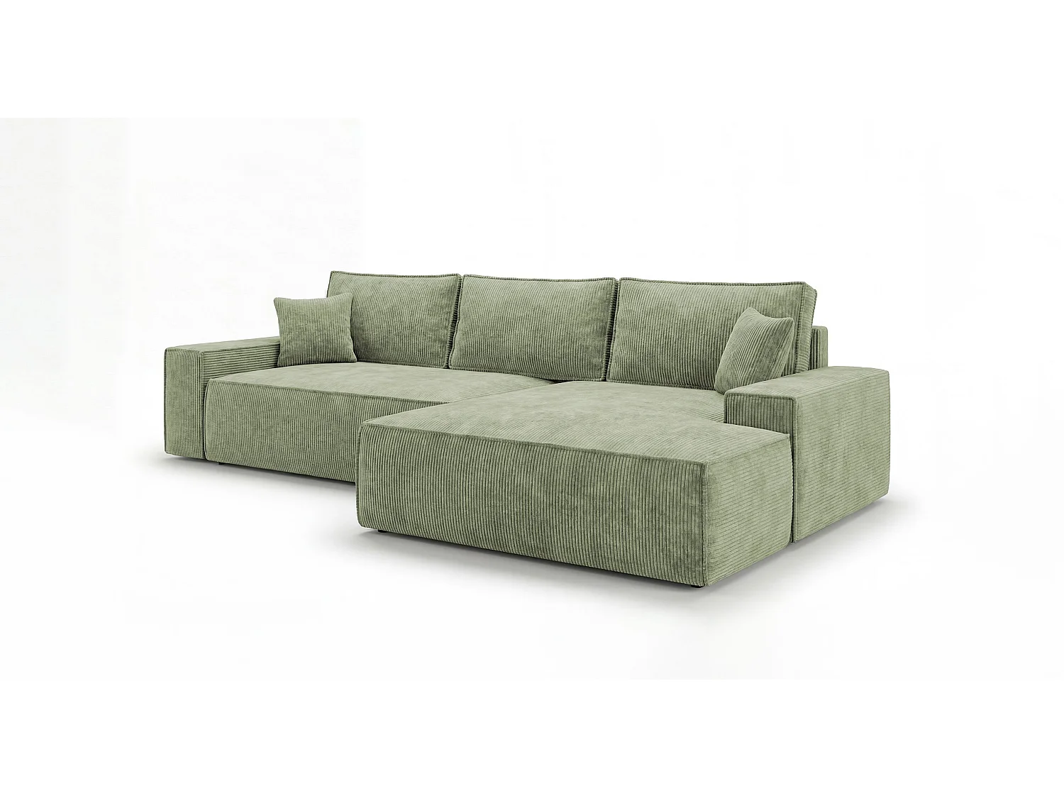 Canapé d'angle VERONA droit vert clair velours côtelé Poso 47 - fonction couchage, coffre à literie