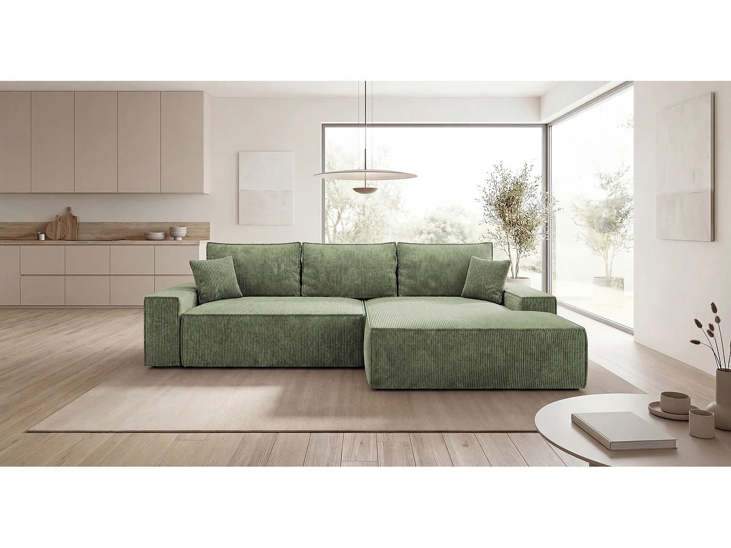 Canapé d'angle VERONA droit vert clair velours côtelé Poso 47 - fonction couchage, coffre à literie