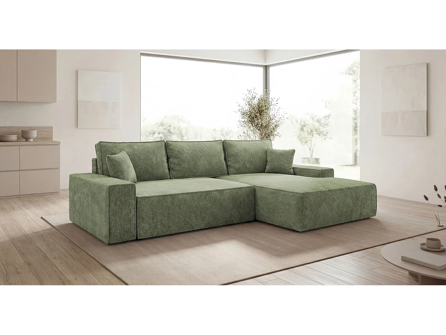 Canapé d'angle VERONA droit vert clair velours côtelé Poso 47 - fonction couchage, coffre à literie