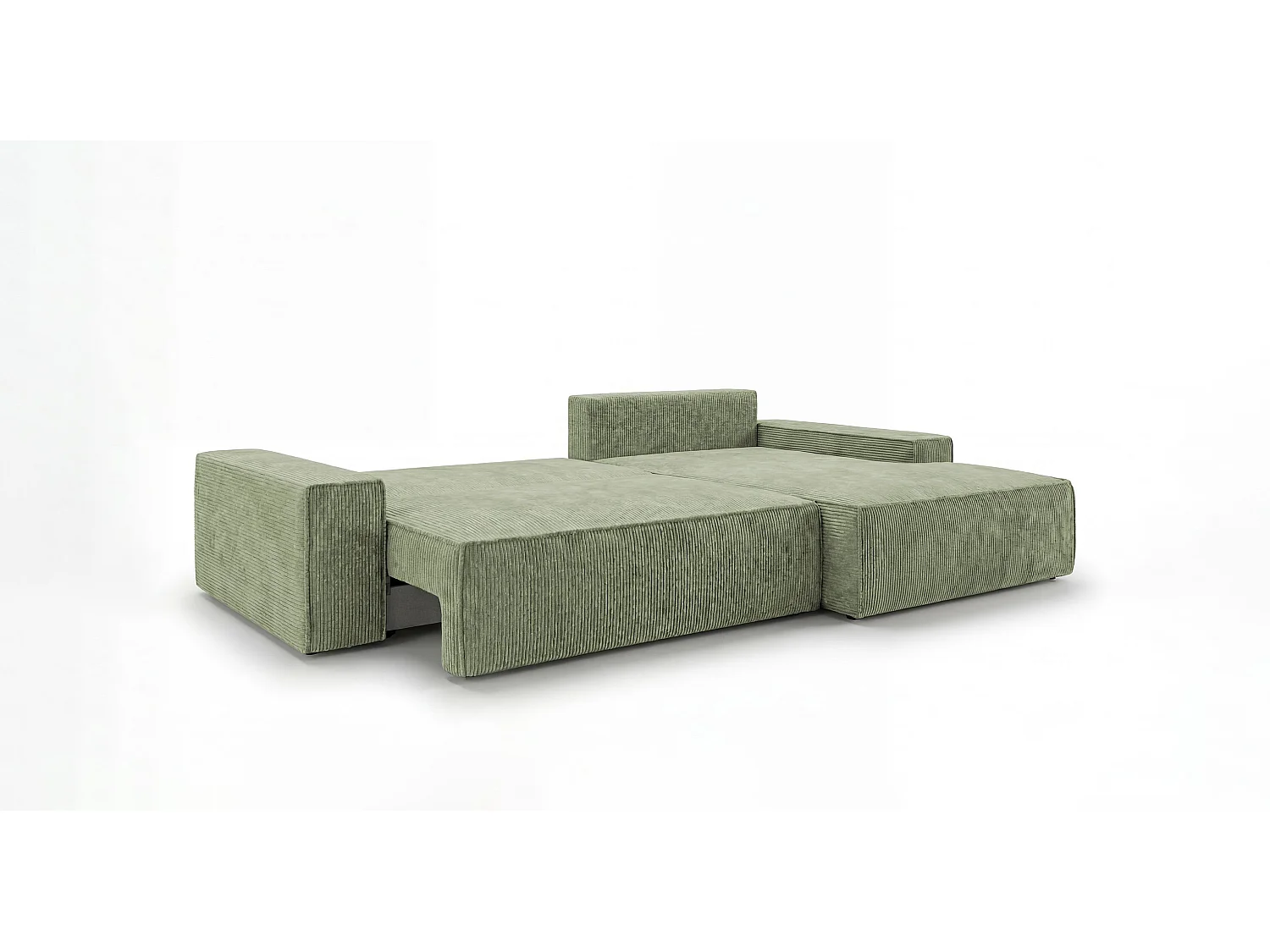 Canapé d'angle VERONA droit vert clair velours côtelé Poso 47 - fonction couchage, coffre à literie