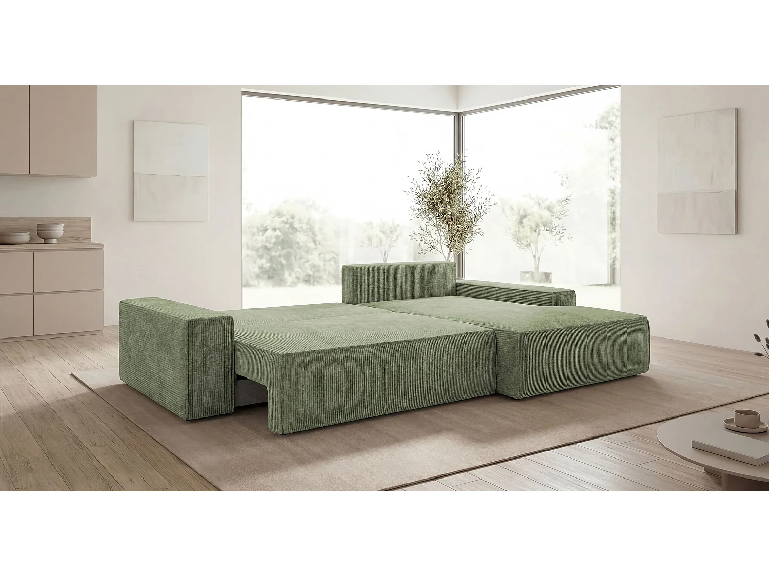 Canapé d'angle VERONA droit vert clair velours côtelé Poso 47 - fonction couchage, coffre à literie