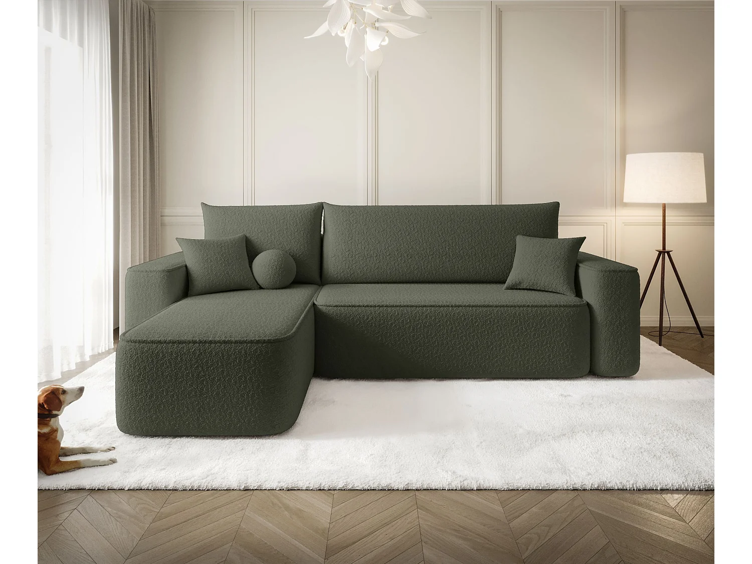 Canapé d'angle TEXAS gauche Ciemno Zielony Bukle Quelle 37 - fonction couchage, coffre à literie