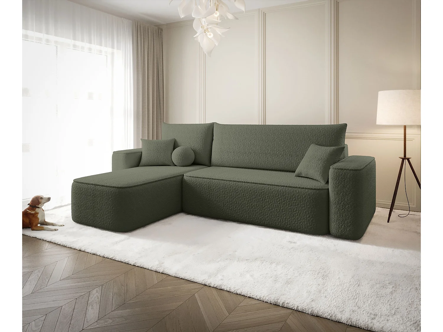 Canapé d'angle TEXAS gauche Ciemno Zielony Bukle Quelle 37 - fonction couchage, coffre à literie