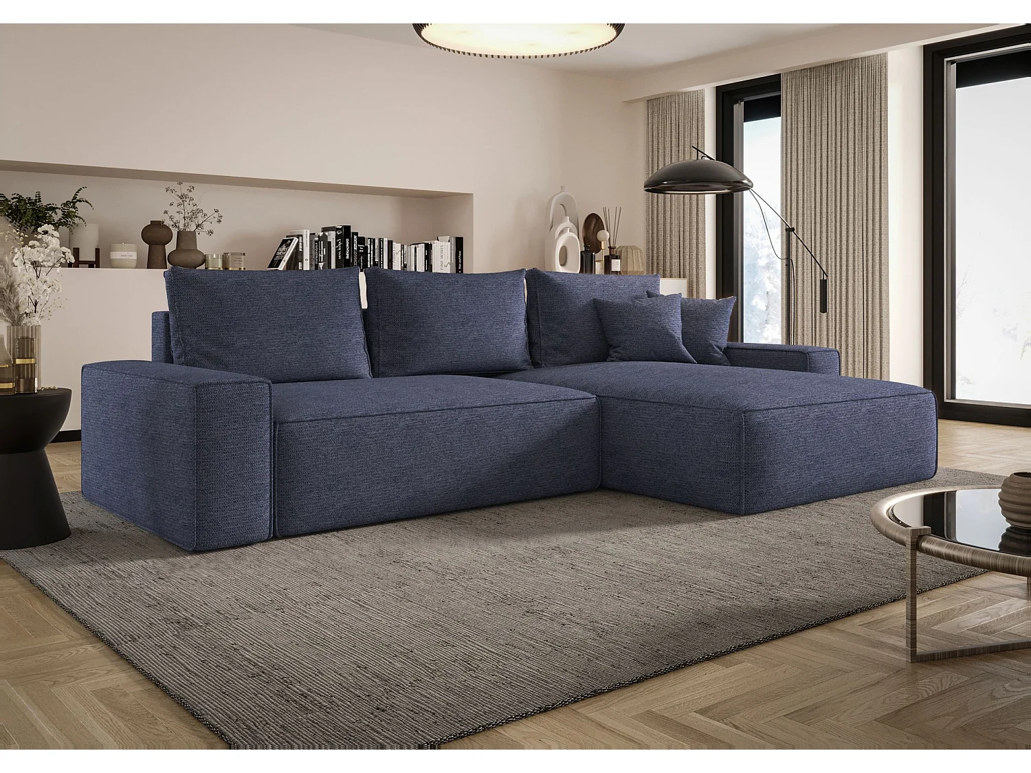 Canapé d'angle CALIFORNIA droit bleu tricot Aragon 74 - fonction couchage, coffre à literie