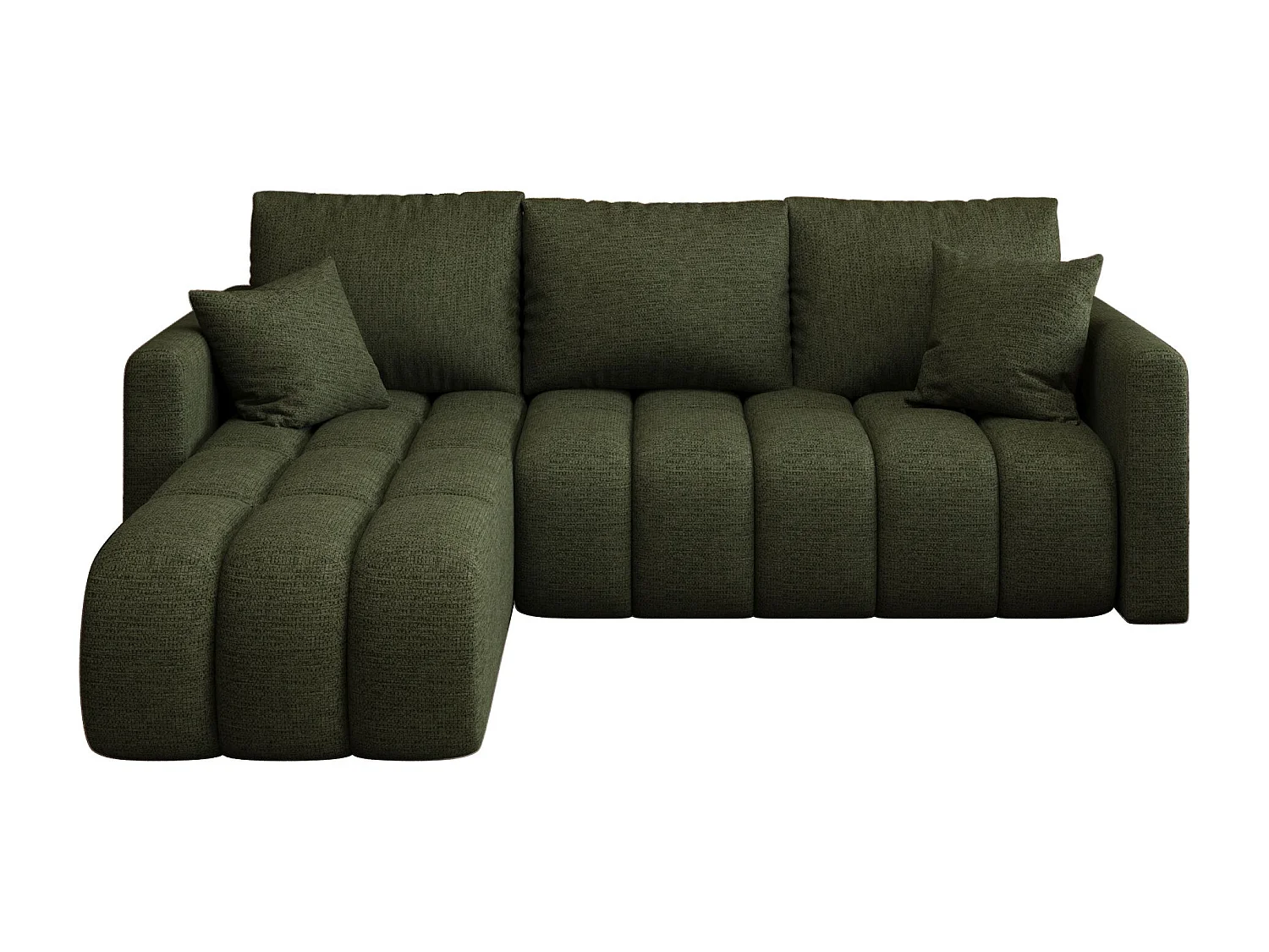 Canapé d'angle GARDA gauche vert tricot Aragon 39 - fonction couchage, coffre à literie