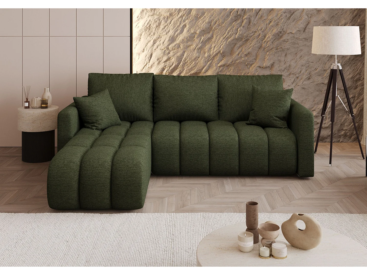 Canapé d'angle GARDA gauche vert tricot Aragon 39 - fonction couchage, coffre à literie