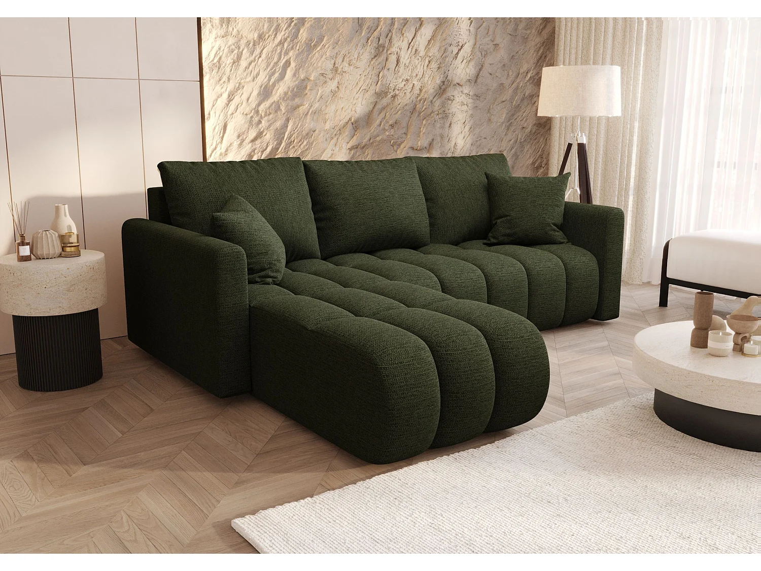 Canapé d'angle GARDA gauche vert tricot Aragon 39 - fonction couchage, coffre à literie